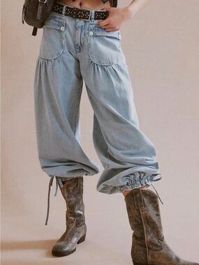 Light Wash Blue Denim Balloon Cargo Pants